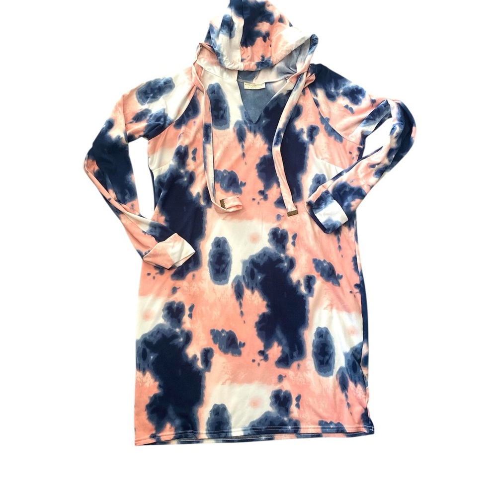 Bobbie Brooks Woman’s Coral, Navy & White Tie-Dye Hooded Dress Sz L